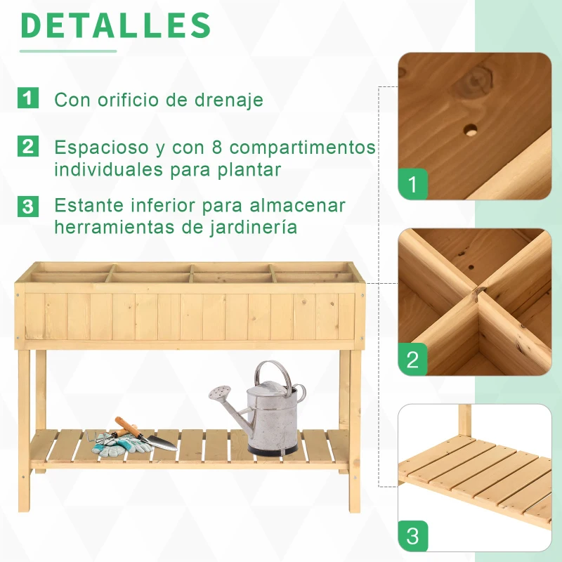 Outsunny Huerto Urbano de Madera 120x60x81 cm Jardinera Elevada para Cultivo de Plantas Flores Mesa de Cultivo con Estante Inferior para Jardín Terraza Exterior Natural