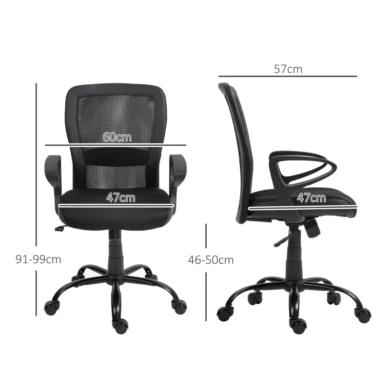 HOMCOM Sedia da Ufficio con Altezza Regolabile e Tessuto a Rete, Seduta Girevole e Inclinazione, Nero