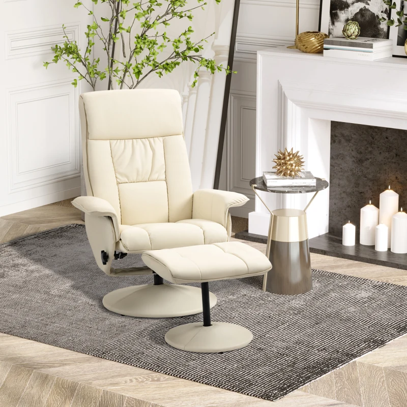 HOMCOM Poltrona Relax Reclinabile fino 135° con Seduta Girevole e Pouf Poggiapiedi, 78x84x110cm, Crema