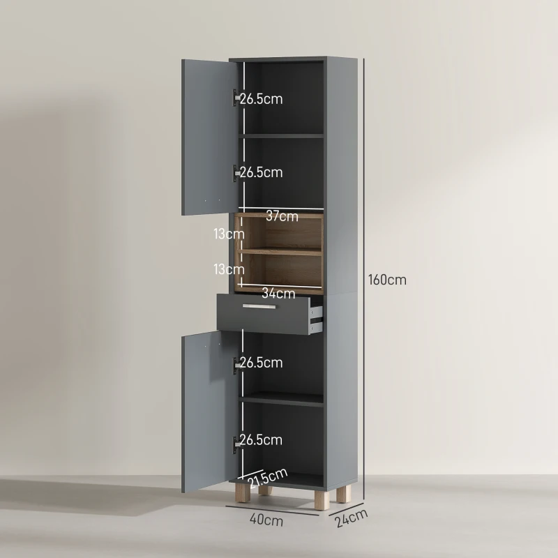 HOMCOM Colonna Bagno Moderna con Cassetto e Armadietti in Legno e Lega di Alluminio, 40x24x160 cm, Grigio