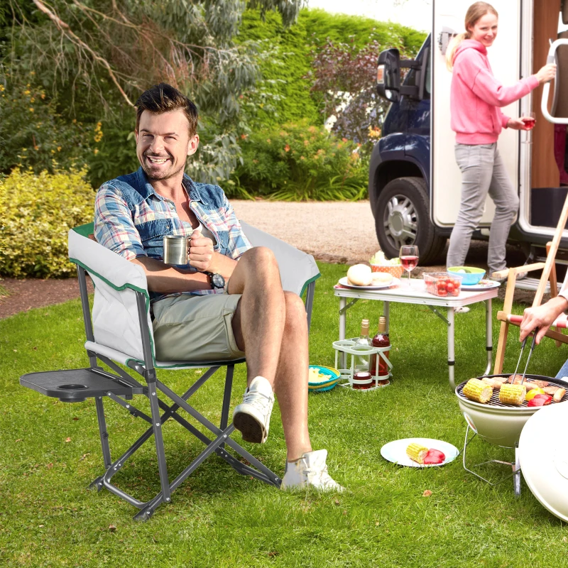Outsunny Campingstuhl Klappstuhl Regiestuhl Tisch mit Getränkehalter Tragbar Oxford-Gewebe 83 x 64 x 90 cm Weiß+Grün