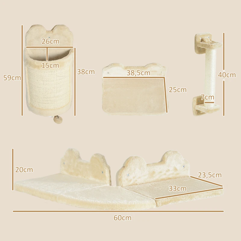 PawHut Katzentreppen-Set, 4-teilig, Kletterwand, Kratzbaum, Plüschbezug/Sisal, Beige