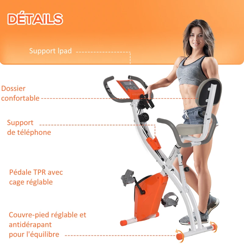 HOMCOM Vélo d'appartement pliable, vélo d'exercice, home traîner pour adultes, 8 niveaux de résistance magnétique, capteurs pouls main, écran LCD multifonction, selle réglable, acier, orange, blanc