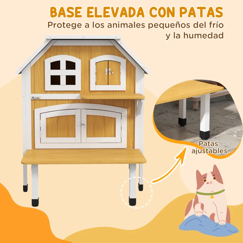 PawHut Caseta para Gatos de 2 Niveles 78x82x93 cm Refugio para Gatos con Techo Asfáltico Terraza y Plataforma de Salto Natural