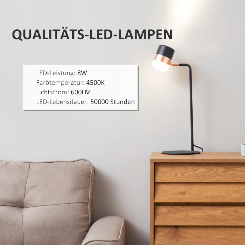 HOMCOM Tischlampe Nachttischlampe Tischleuchte LED 90° verstellbar Industrial Stil Metall Schwarz+Gold 27 x 24 x 51 cm