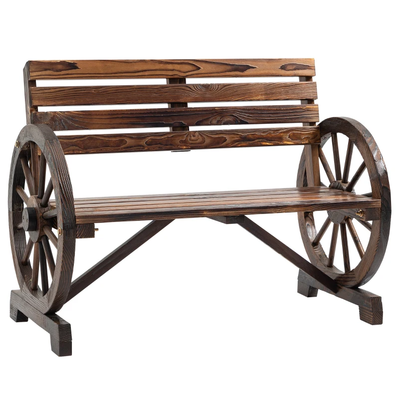Outsunny Gartenbank, Wagenrad-Design, für 2 Personen, Naturholz, dunkelbraun, 105,5 x 56 x 79cm