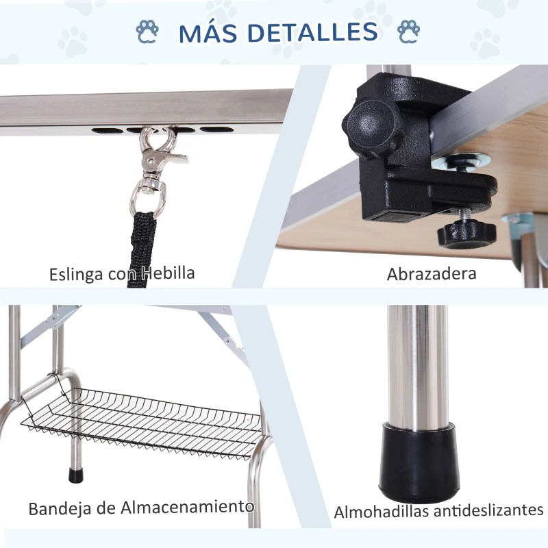 PawHut Mesa de Peluquería para Mascotas Mesa de Aseo Plegable con Estante de Almacenamiento Altura Ajustable 20-80 cm 107x60x170 cm Negro