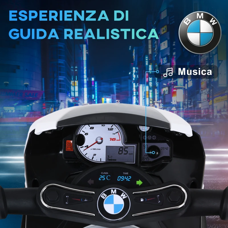 HOMCOM Moto Elettrica per Bambini Max. 20kg con Licenza BMW, Macchina Elettrica con 3 Ruote, Batteria Ricaricabile 6V, Bianco Nera, 66x37x44cm