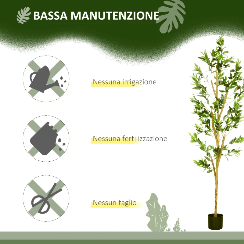 HOMCOM Pianta Artificiale di Ulivo da 180 cm a 12 Rami con Vaso Ø17x14.5 cm, per Interni ed Esterni, Verde