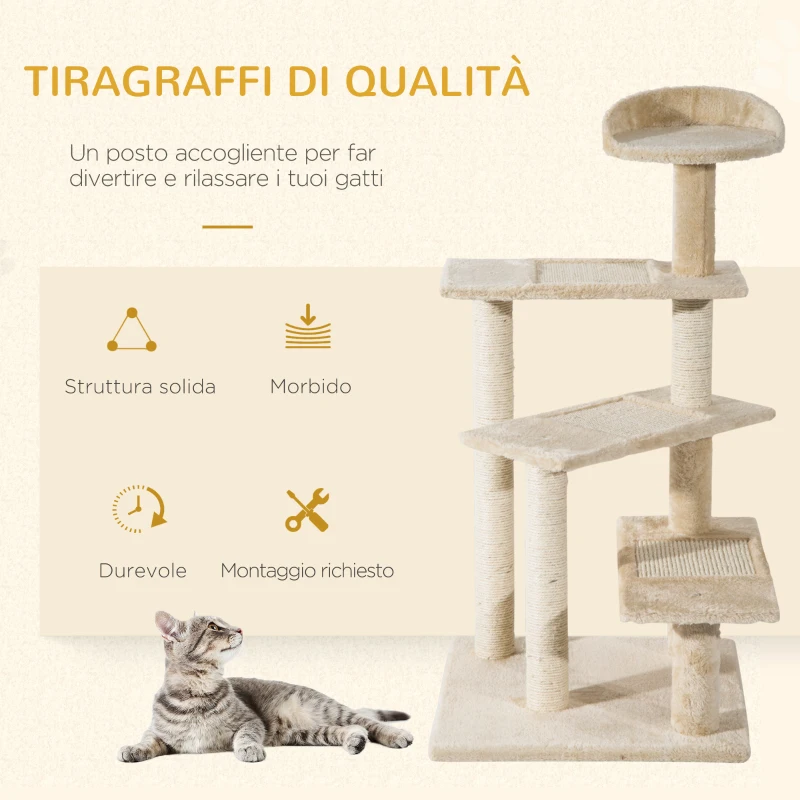 PawHut Trespolo per Gatti Multilivello con Tiragraffi in Sisal, Albero per Gatti con Piattaforme e Cuccia in Peluche Beige, 50x50x100cm