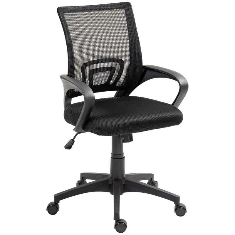 HOMCOM Silla de Escritorio de Malla Giratoria con Altura Ajustable Función de Basculante y Reposabrazos Carga 120 kg Negro