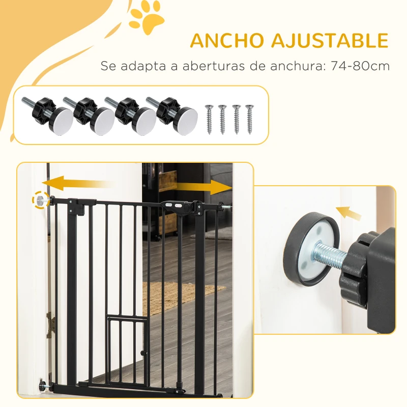 PawHut Barrera de Seguridad Extensible con Puerta Pequeño Cierre Automático y Sistema de Doble Bloqueo 74-80x76,2 cm Negro