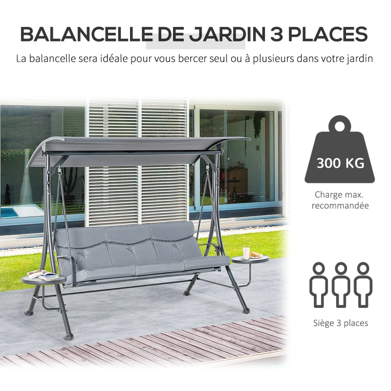 Outsunny Balancelle de Jardin 3 Places avec Toit Inclinaison réglable 2 tablettes en Verre Coussins Assise et Dossier rembourrés Polyester métal dim. 271L x 125l x 177H cm Anthracite