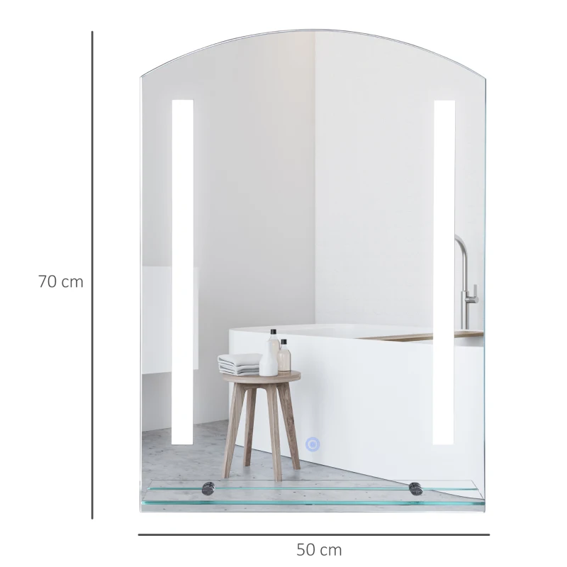 kleankin Specchio Bagno con Luce LED e Interruttore Touch, Mensola in Vetro e Struttura Alluminio, IP44, 50x70 cm Argento