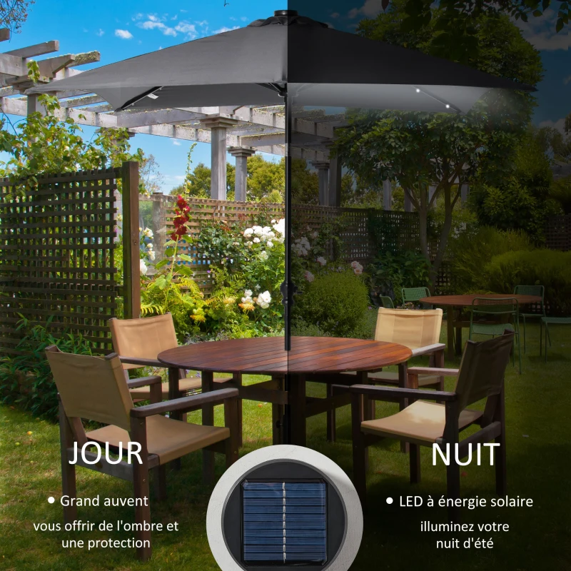 Outsunny Parasol de jardin Parasol droit 3 x 2 m lumineux rectangulaire inclinable avec LED solaire acier polyester haute densité gris