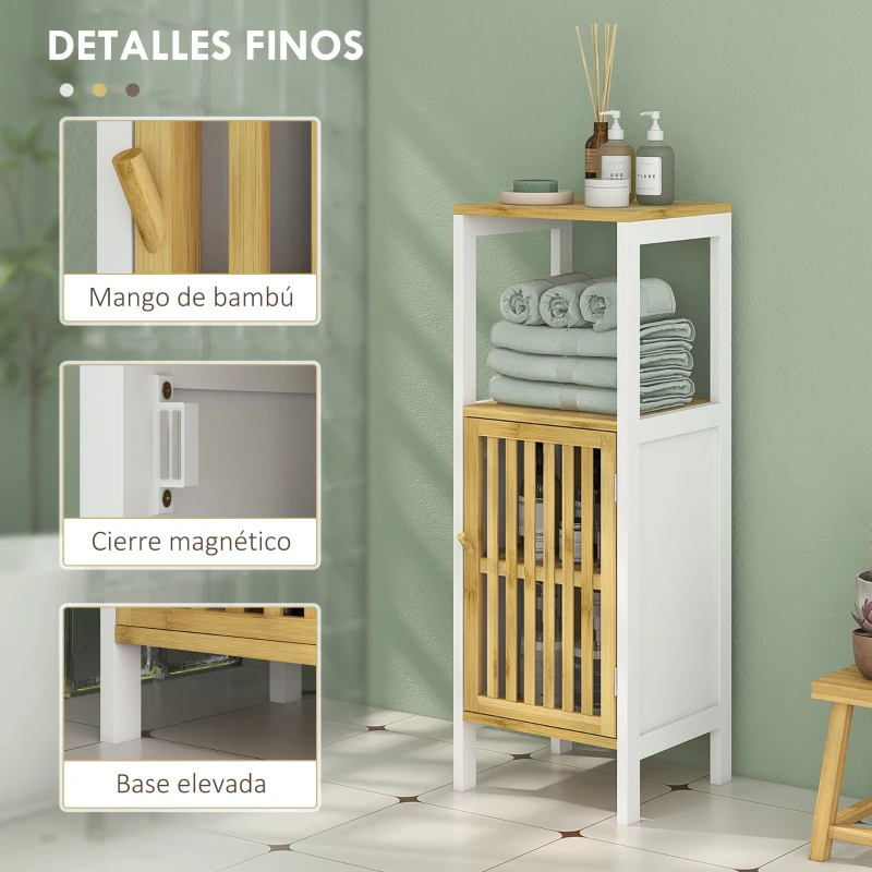 HOMCOM Columna de Baño Mueble Auxiliar de Baño con 1 Estante Abierto 1 Puerta y 1 Estante Ajustable 32x30x90,5 cm Natural