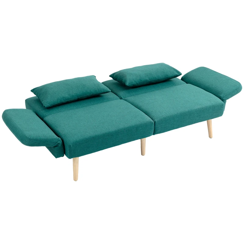 HOMCOM 2/3 Seater Sofa Bed, Convertible Bed Settee, Fabric Sofa Couch with 2 Cushions for Living Room, Guest Room, Green