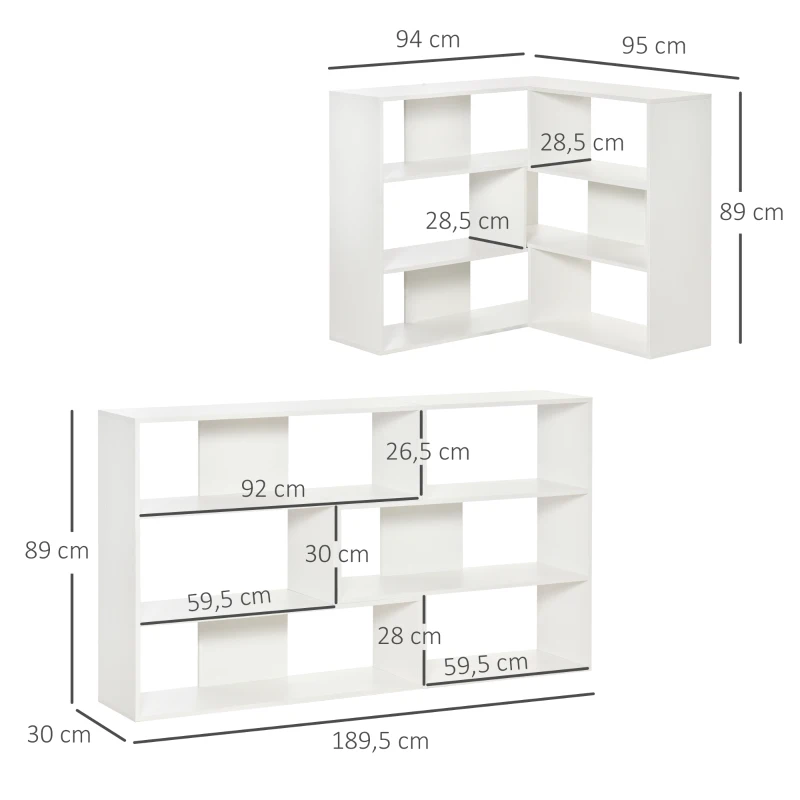 HOMCOM Bücherregal Eck-Bücherregal L-Form Standregal mit 6 Fächern Dekoregal Eckregal Medienregal 360° drehbar modern für Wohnzimmer Schlafzimmer Büro Weiß 189,5 x 30 x 89 cm