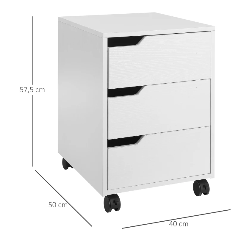 HOMCOM Caisson bureau mobile avec 3 tiroirs, meuble rangement bureau sur roulettes pour documents et imprimante, caisson de rangement compact pour travail ou chambre, 40x50x57,5cm, blanc