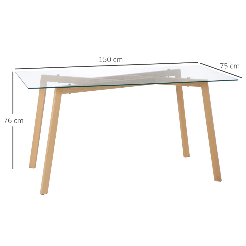 HOMCOM Mesa de Comedor para 6 Personas con Encimera de Cristal y Patas de Acero Efecto Madera 150x75x76 cm Transparente