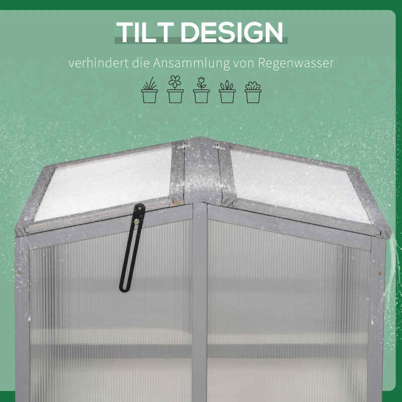 Outsunny Frühbeet Treibhaus Gewächshaus Frühbeetkasten Pflanzenbeet mit Abdeckung aus Holz und Polycarbonat wetterfest Hellgrau 90 x 80 x 58 cm