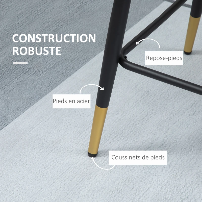 HOMCOM Lot de 2 tabourets de bar chaises hautes capitonnées aspect velours, pieds métal noir et doré avec repose-pieds, accoudoirs hauteur 61 cm - bleu
