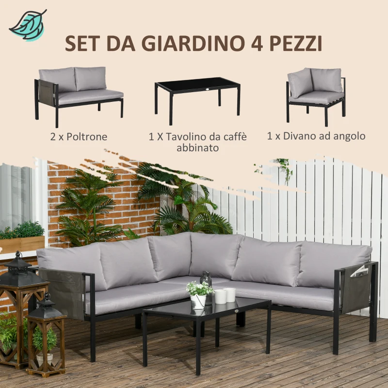 Outsunny Set da Giardino 4 Pezzi con 2 Divanetti, Poltrona Angolare e Tavolino da Caffè in Vetro Temperato