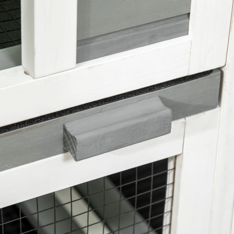 PawHut Jaula para Conejos 2 Niveles de Madera con 6 Ruedas 2 Escaleras 3 Bandejas Extraíbles y Zona Abierta 110x50x86 cm Gris