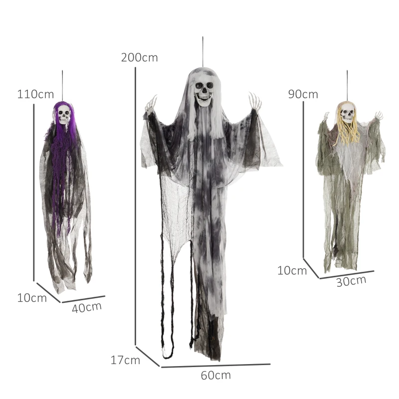 HOMCOM Hängende Skelett-Geister, 3er Set, Halloweendeko, verstellbare Arme, 90/110/200cm