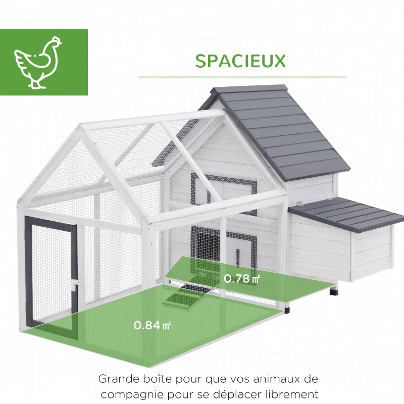 PawHut Poulailler clapier modèle villa multi-équipée : rampe, nichoirs, perchoirs, plateau excrément, 2 portes bois massif pin gris blanc