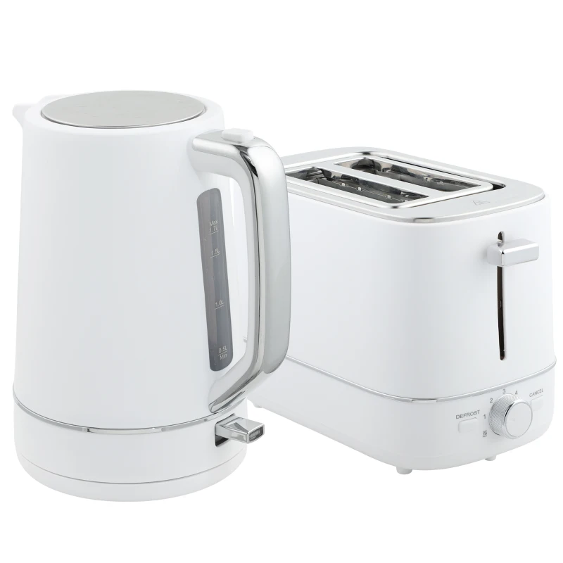 HOMCOM Kettle and Toaster Set, 1.7L 3000W Fast Boil Kettle & 2 Slice Toaster Kitchen Set with 6 Level Browning Controls, Defrost, Reheat, White