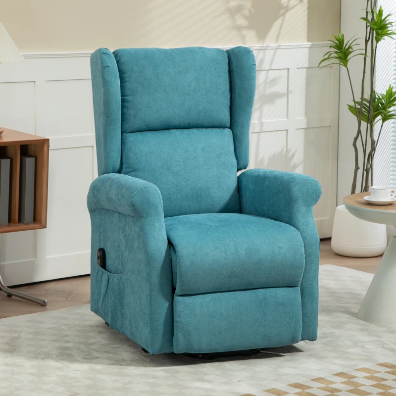 HOMCOM Fauteuil électrique releveur dossier inclinable avec repose-pied télécommande et pochette tissu aspect lin bleu