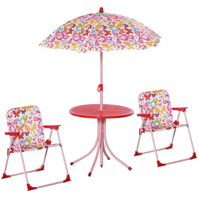 Outsunny Kids Outdoor Bistro Table and Chair Set Butterfly Pattern Garden Patio Backyard with Removable & Height Adjustable Parasol