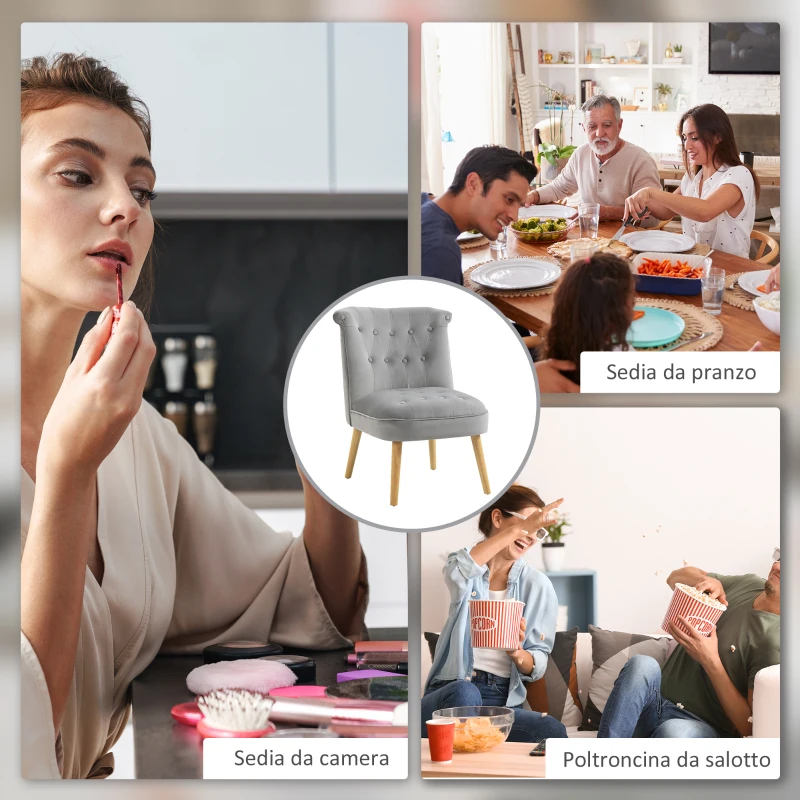 HOMCOM Sedia Moderna per Soggiorno e Sala da Pranzo con Seduta Imbottita e Tessuto Vellutato, 60x66x79 cm, Grigia