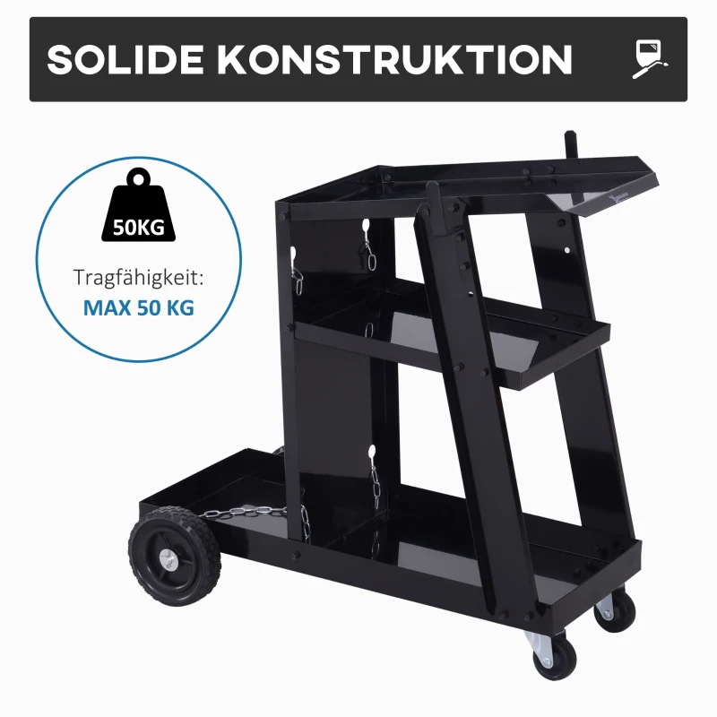 DURHAND Schweißwagen, 3 Ablagen, Sicherheitskette, 4 Räder, Stahl, 71 x 39 x 70cm, Schwarz