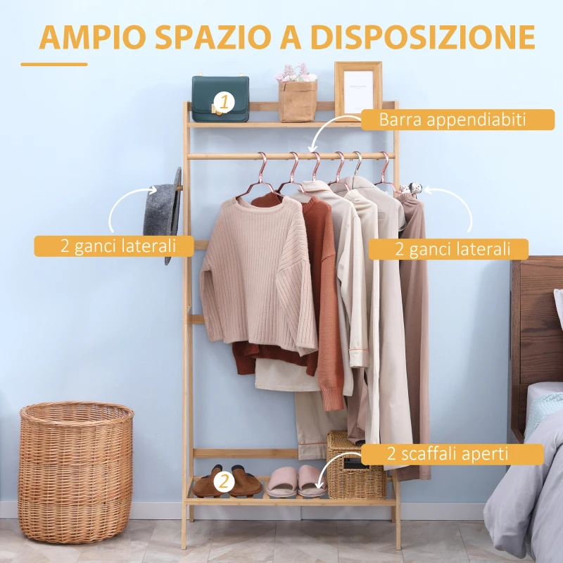 HOMCOM Appendiabiti da Terra in Bambù con 2 Ganci Laterali e 2 Ripiani Inferiori Aperti, 82x36.8x140 cm, color Legno