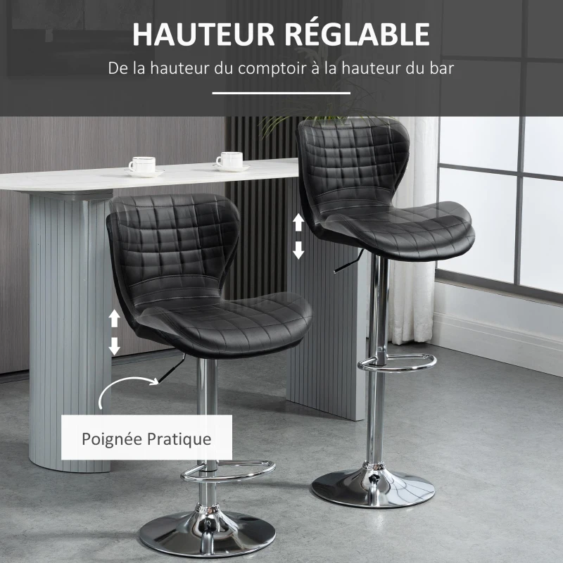 HOMCOM Lot de 2 Tabourets de Bar Design Contemporain Hauteur d'assise réglable 59-81 cm pivotant 360° PU noir