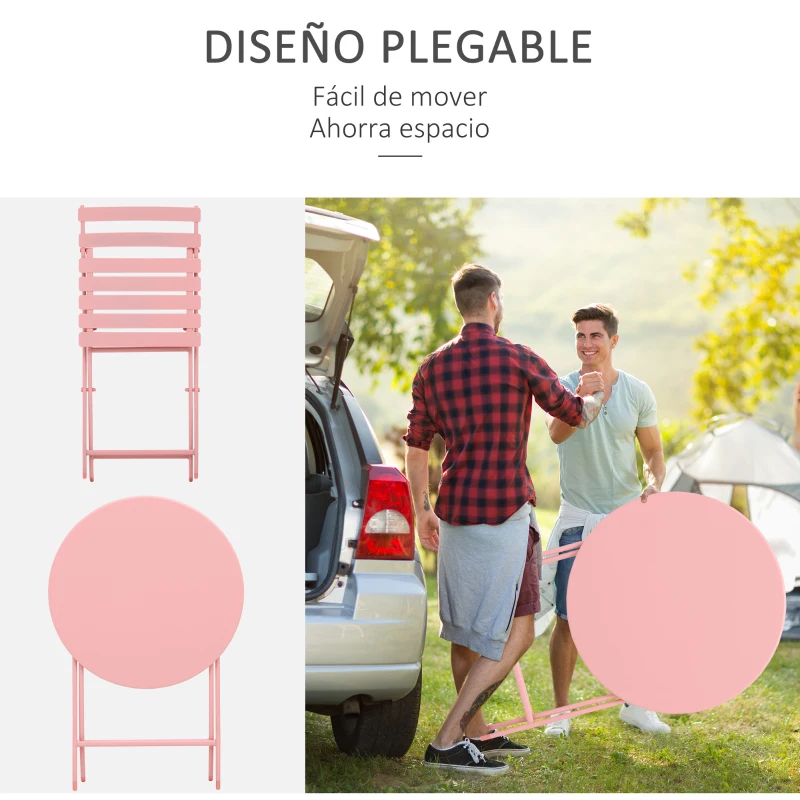 Outsunny Conjunto de Muebles de Jardín Plegable Juego de 1 Mesa y 2 Sillas de Terraza con Marco de Acero y Respaldo Rosa