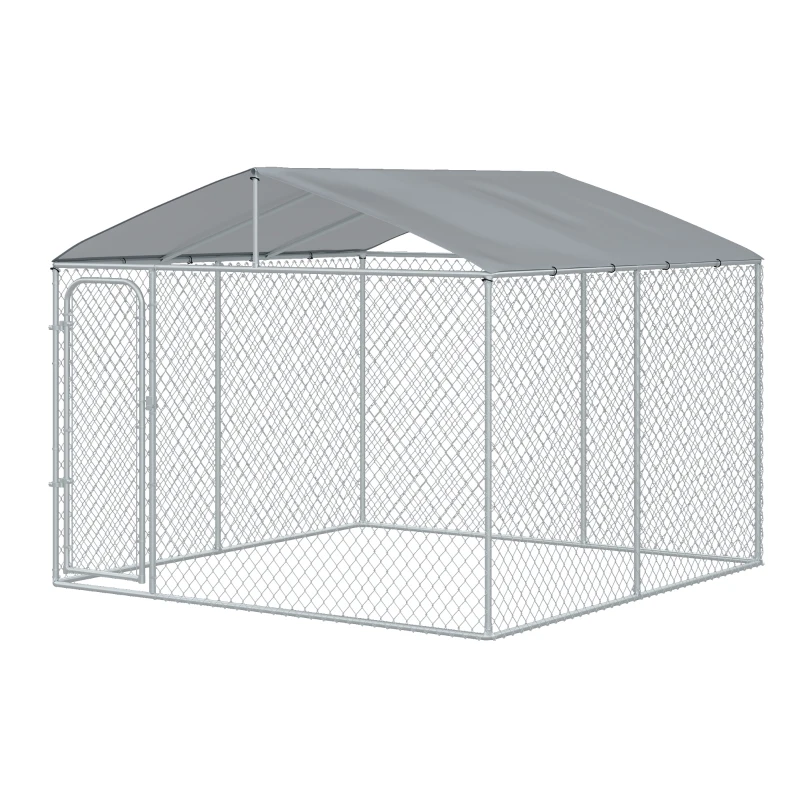 PawHut Jaula para Perros de Exterior con Toldo Anti-UV Impermeable y Marco de Acero para Jardín Patio 300x300x234 cm Plata