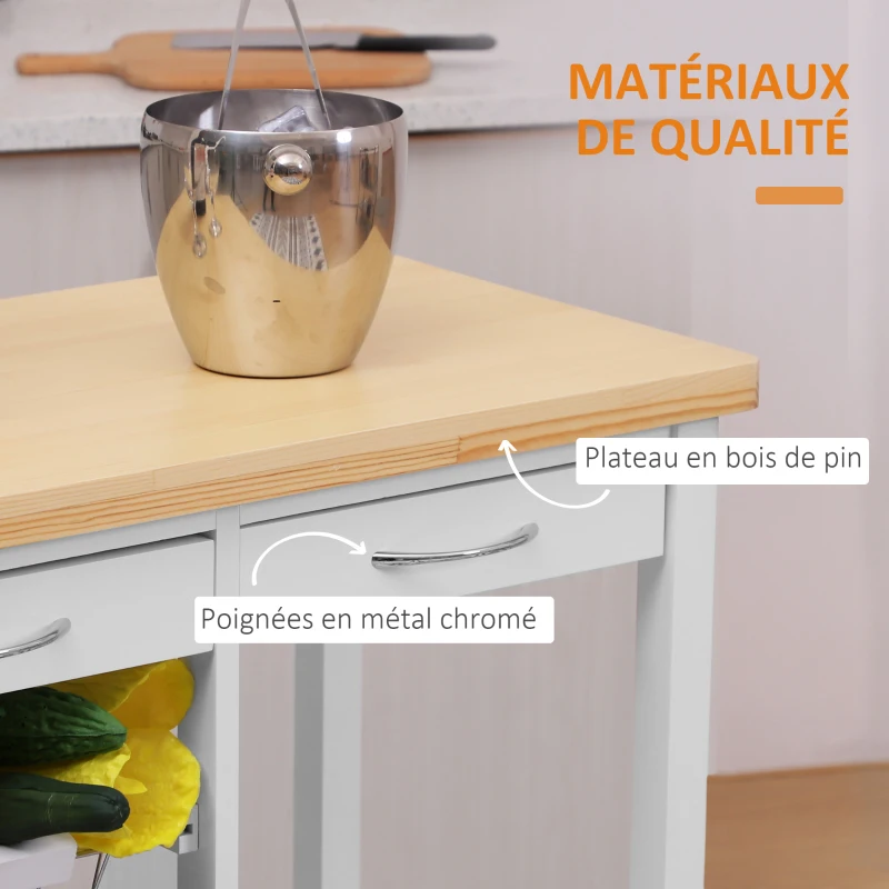 HOMCOM Chariot de service desserte de cuisine à roulettes multi-rangements 85L x 37l x 85H cm plateau bois massif pin châssis MDF blanc
