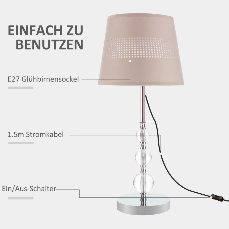 HOMCOM Tischlampe Nachttischlampe 54 cm Tischleuchte mit Stoff Schirm für Schlafzimmer Wohnzimmer Schreibtischlampe moderne Stil E27-Fassung 40 W Acryl Metall Grau