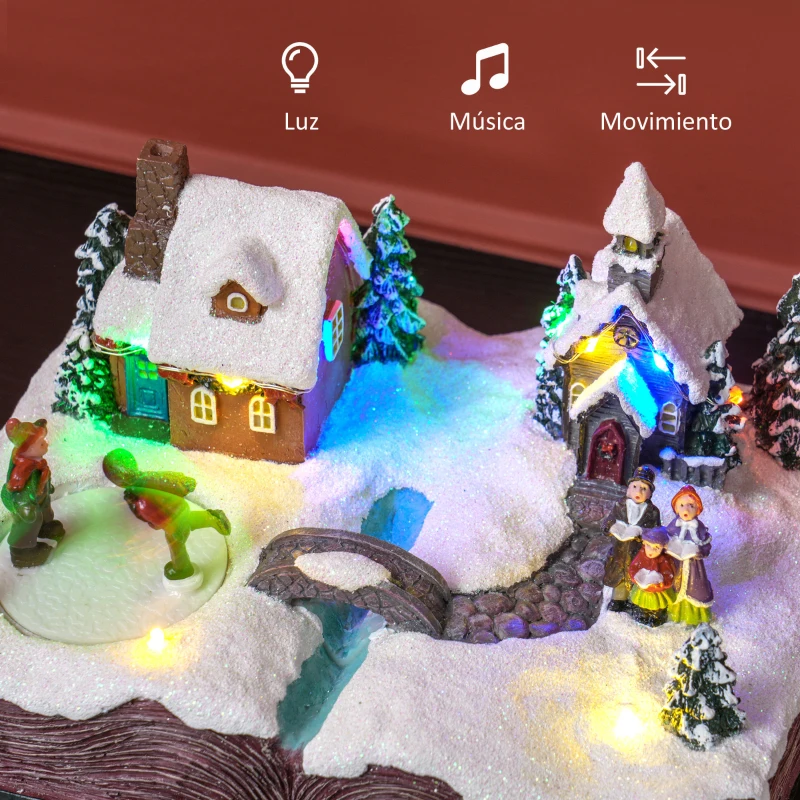 HOMCOM Pueblo Navideño Escena Navideña con Luces y Música Patinadores Giratorios Decoración de Navidad 23x18x15 cm Multicolor