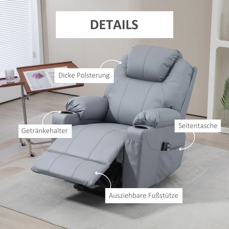 HOMCOM Massagesessel Aufstehhilfe Seniorensessel, 8 Massagemodi, neigbare Rückenlehne, 88c m x 99 cm x 106 cm,Grau(m-8)