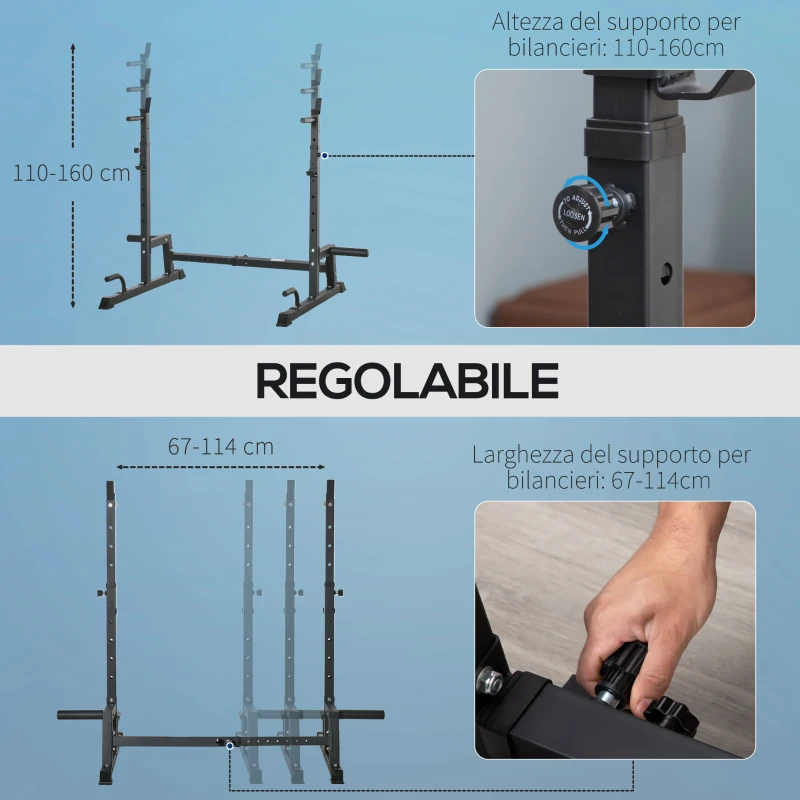 HOMCOM Supporto per Bilanciere Multifunzione in Acciaio, Altezza e Larghezza Regolabile, 123-170x103x111-161cm