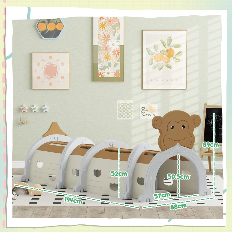 AIYAPLAY Monkey-Design Kids Play Tunnel for Crawling, Climbing, for ages 3-6 Years, Brown