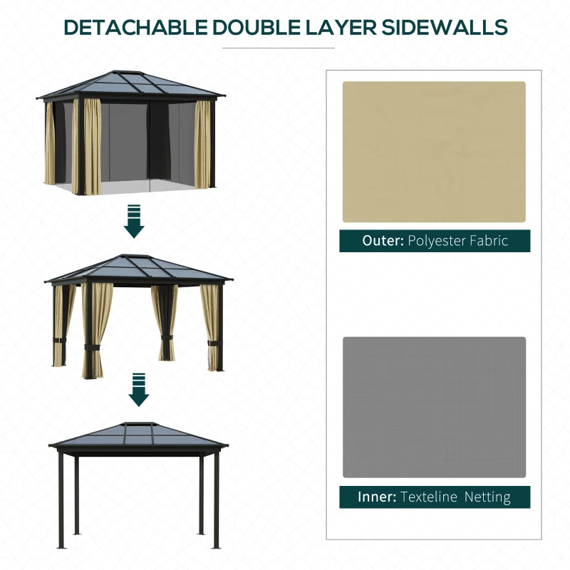 Outsunny 3 x 3.6(m) Hardtop Gazebo Canopy with Polycarbonate Roof and Aluminium Frame, Garden Pavilion with Mosquito Netting and Curtains, Brown