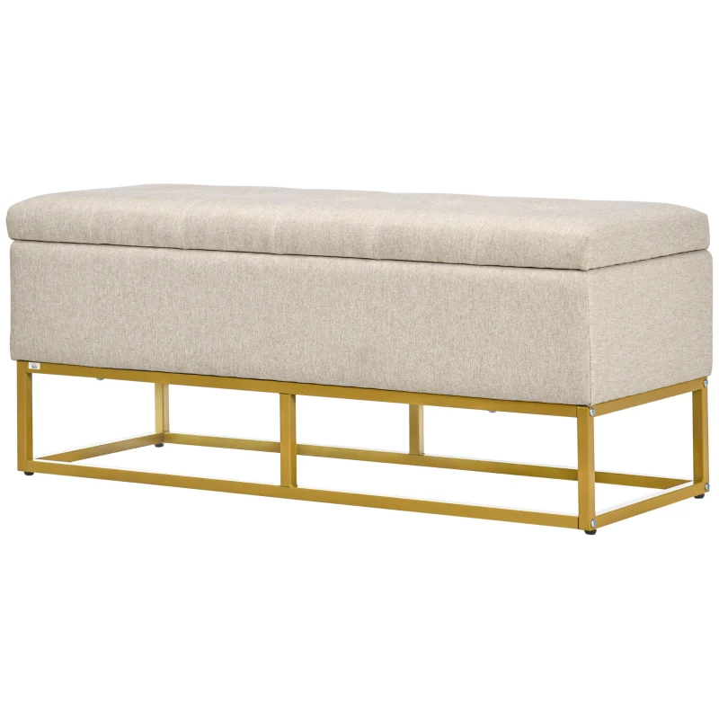 HOMCOM Banqueta con Almacenamiento Banco Rectangular Tapizado en Lino con Tapa Abatible y Patas de Acero 110x44x48 cm Beige