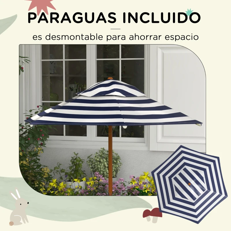 Outsunny Mesa y 2 Bancos Infantiles de Madera con Sombrilla y Arenero para Jardín Patio 89x80,5x142,5 cm Teca