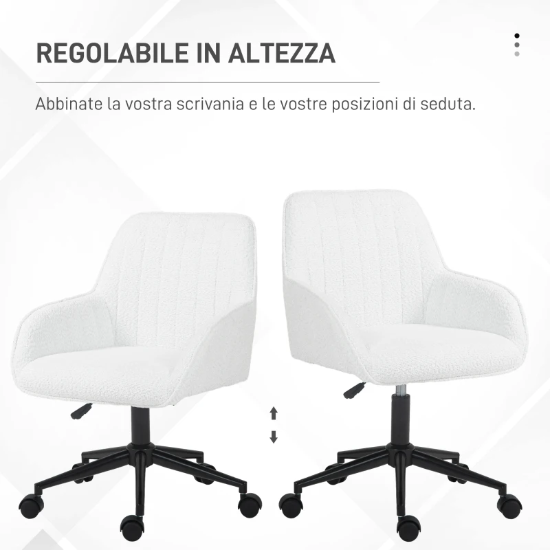 HOMCOM Sedia da Ufficio in Tessuto con Altezza Regolabile, Seduta Girevole e Ruote, Bianco