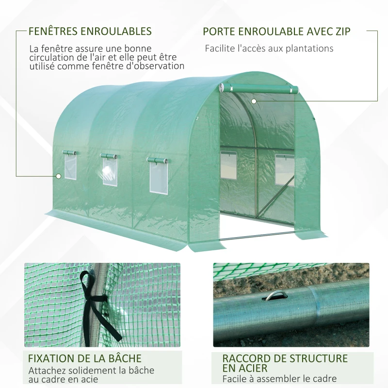 Outsunny Serre de Jardin Tunnel 8 m² 4L x 2l x 1,9H m Acier galvanisé renforcé diamètre 2,4 cm + PE Haute densité fenêtres Porte Vert